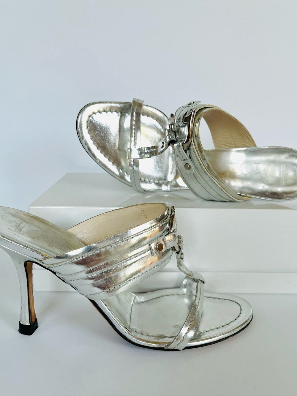 Dior silver “CD” logo slide sandals 38